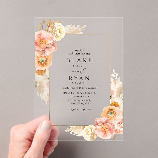 エレガント桃・クリーム・黄フローラ結婚ズ アクリル招待状 (インサイチュ (ポータブル))