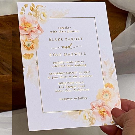 エレガント桃、赤面、シャンパンフローラ結婚 箔招待状