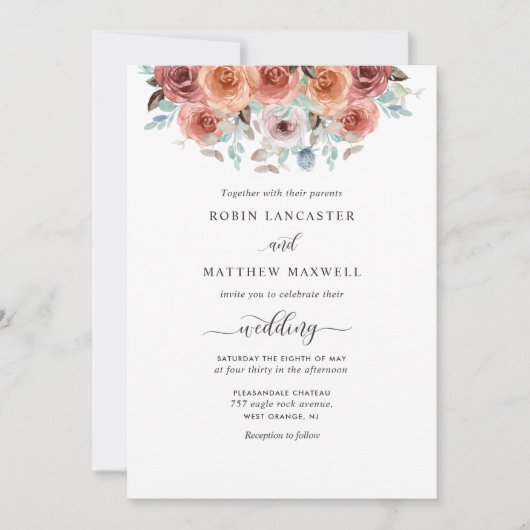 エレガント桃、赤面、ブルーフローラ結婚ズ 招待状 (正面)