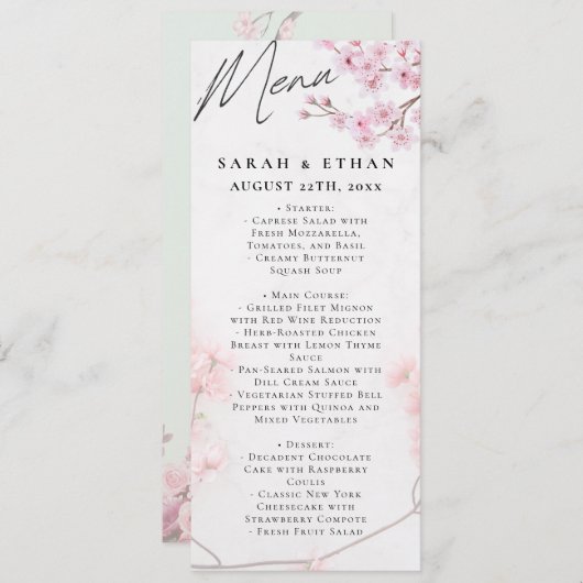 エレガント桜ピンクフローラさくらんぼ結婚ブロッサム メニュー (正面/裏面)