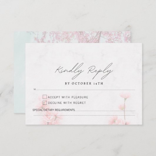 エレガント桜ピンクフローラさくらんぼ結婚ブロッサム 出欠カード (正面/裏面)