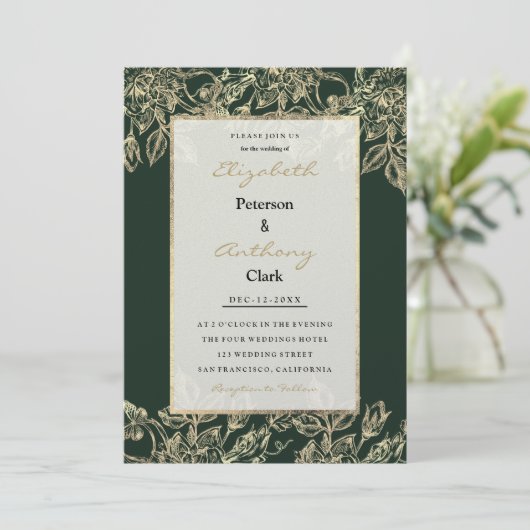 エレガント森の緑の金ゴールド高級フローラ結婚 招待状 (スタンド正面)