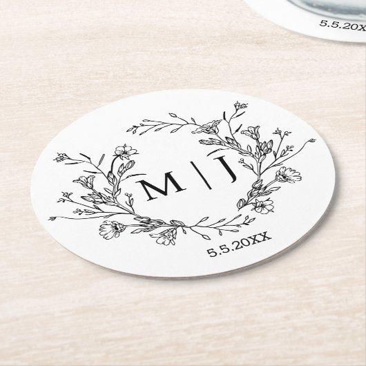 エレガント植物モノグラ結婚ムシンプル病 ラウンドペーパーコースター (アングル)