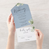 エレガント植物性の緑豊かな青結婚色 オールインワン招待状 (貼ってはがせる)