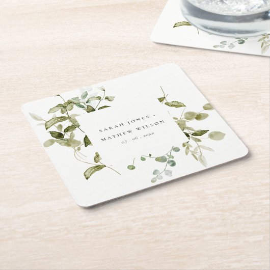 エレガント植物性の葉の水の色結婚の スクエアペーパーコースター (アングル)