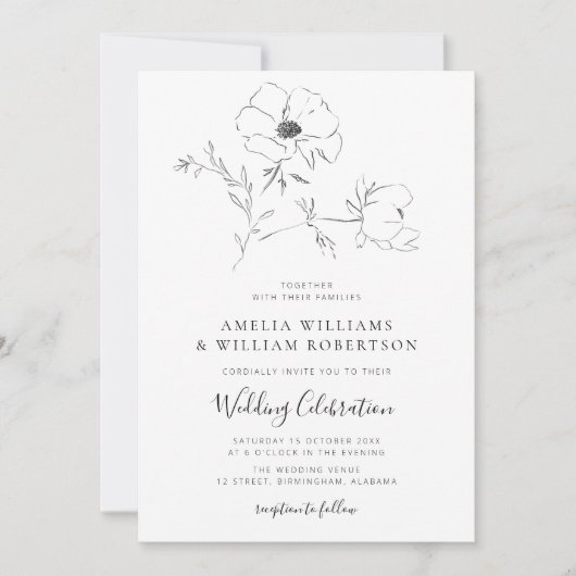 エレガント植物性の黒と白結婚の 招待状 (正面)