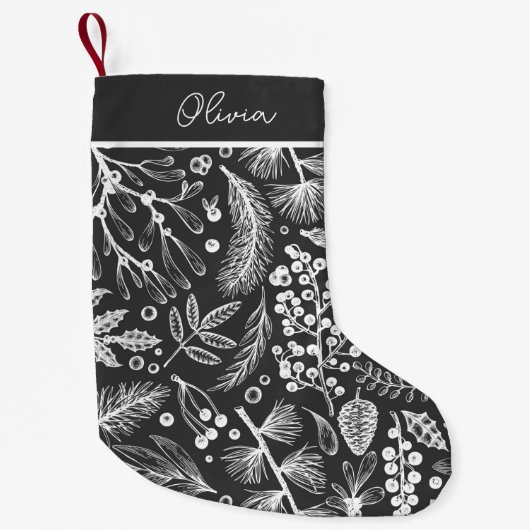 エレガント植物性パインとベリーパーソナライズされた スモールクリスマスストッキング (正面)