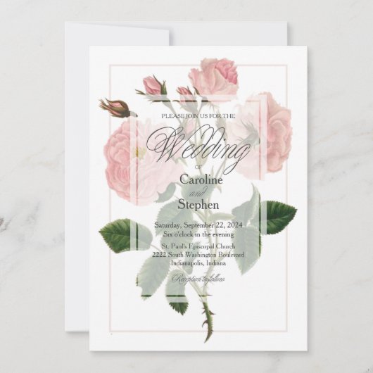 エレガント植物性ピンクフローラ結婚タイポグラフィ 招待状 (正面)