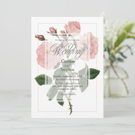 エレガント植物性ピンクフローラ結婚タイポグラフィ 招待状 (スタンド正面)