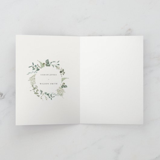 エレガント植物性ユーカリ水の色結婚の サンキューカード (内部)