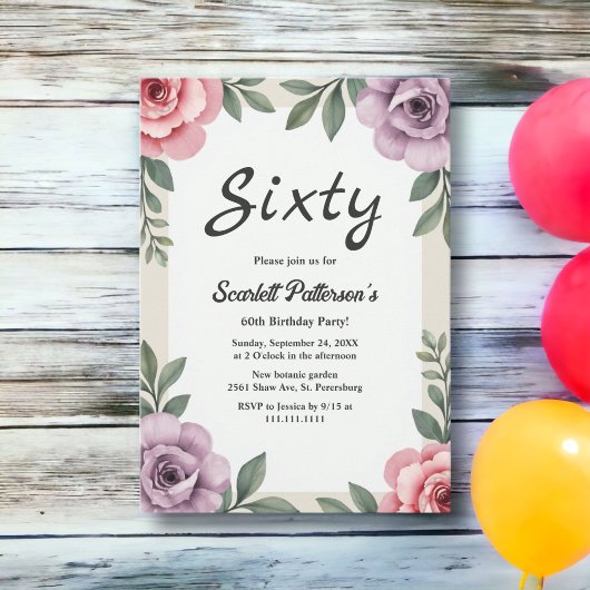 エレガント植物水彩フローラ60誕生日 招待状