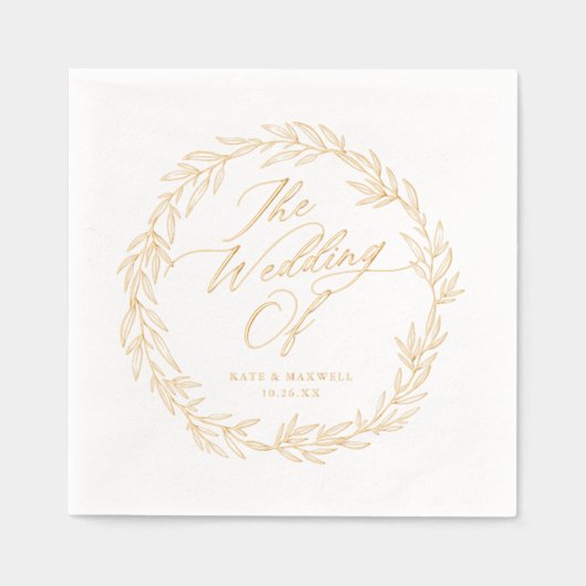 エレガント植物画モダン面の名結婚称日付 箔ナプキン (正面)