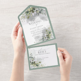 エレガント植物緑のフローラ水色 オールインワン招待状