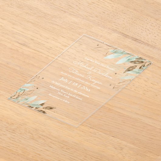 エレガント植物緑離れ結婚金ゴールド アクリル招待状 (レイダウン)
