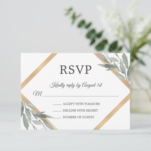 エレガント植物葉の葉の金箔結婚 出欠カード (スタンド正面)