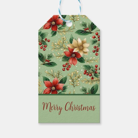 エレガント植物赤と緑のポインセチア ギフトタグ (正面)