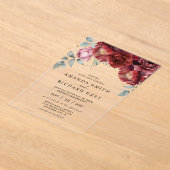 エレガント植物赤と金ゴールドフローラ結婚 アクリル招待状 (レイダウン)