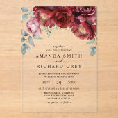 エレガント植物赤と金ゴールドフローラ結婚 アクリル招待状 (正面)