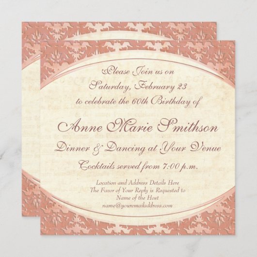 エレガント母60番目の誕生日ヴィンテージパーティー 招待状 (正面/裏面)