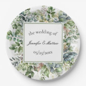 エレガント水の色の緑の葉結婚の ペーパープレート (正面)