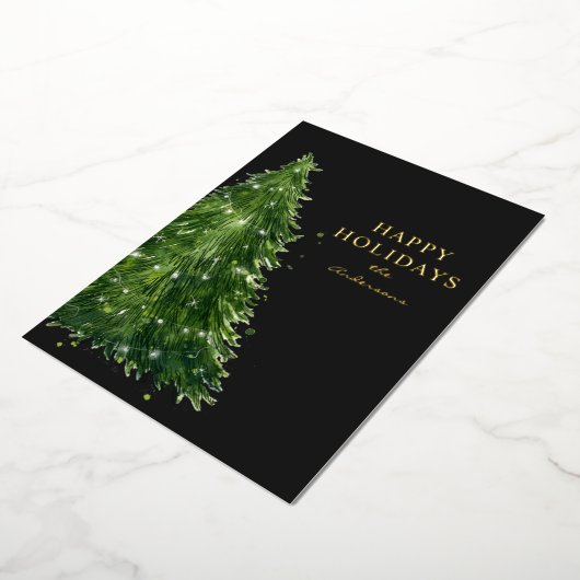 エレガント水ミニマル色クリスマスツリーの休日 箔シーズンカード (回転した状態)