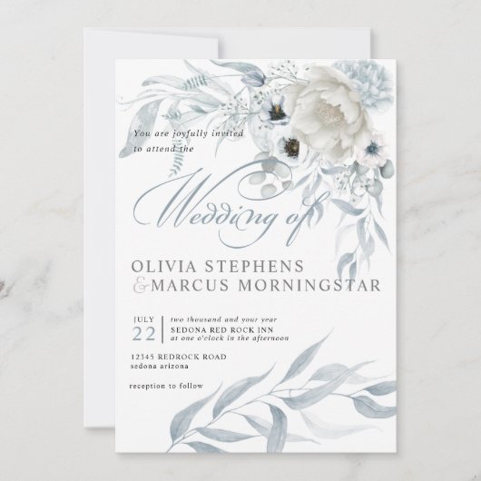 エレガント水モダン色ほこりっぽい青フローラ 招待状 (正面)