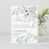 エレガント水モダン色ほこりっぽい青フローラ 招待状 (スタンド正面)