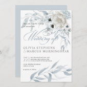 エレガント水モダン色ほこりっぽい青フローラ 招待状 (正面/裏面)