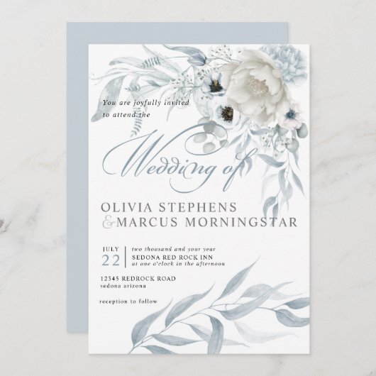 エレガント水モダン色ほこりっぽい青フローラ 招待状 (正面/裏面)