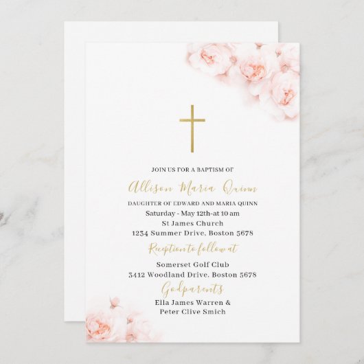 エレガント水モダン色ピンクフローラ洗礼 招待状 (正面/裏面)