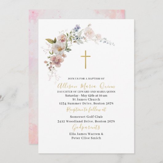 エレガント水モダン色ピンクフローラ洗礼 招待状 (正面/裏面)