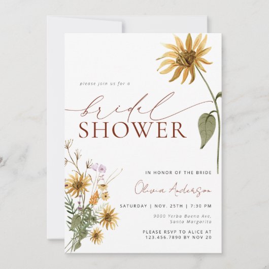 エレガント水彩ひまわりブライダルシャワー 招待状 (正面)