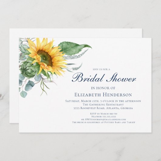 エレガント水彩ひまわりブライダルシャワー 招待状 (正面/裏面)