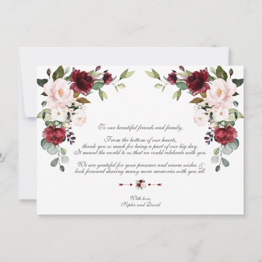 エレガント水彩バーガンディーピンク結婚の花 サンキューカード (裏面)