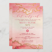 エレガント水彩ピンクグラデーション金ゴールドバルミツワー 招待状 (正面/裏面)
