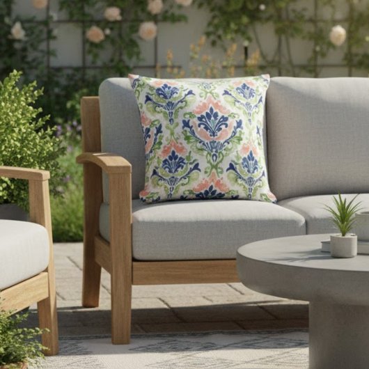 エレガント水彩ピンクコーラルブルーダマスクパターン クッション