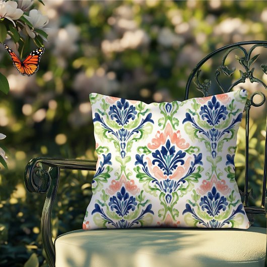 エレガント水彩ピンクコーラルブルーダマスクパターン クッション