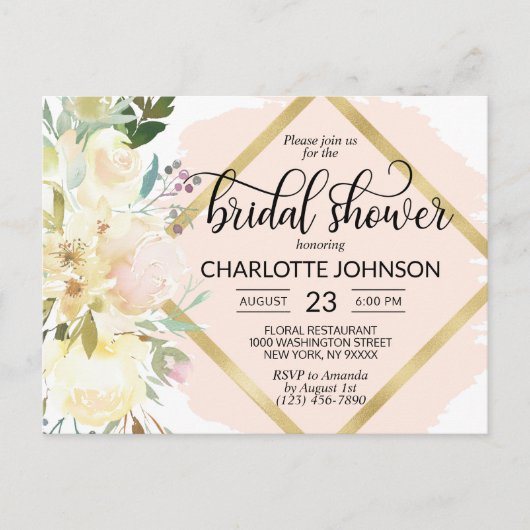 エレガント水彩ピンクフローラブライダルシャワー ポストカード (正面)