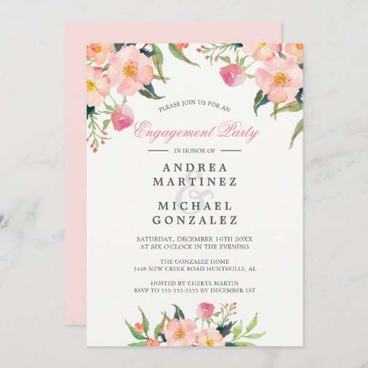 エレガント水彩ピンクフローラ婚約パーティ 招待状 (正面/裏面)