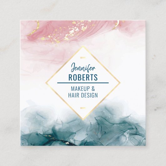 エレガント水彩ピンクブルー金ゴールドアルコールインク スクエア名刺 (正面)
