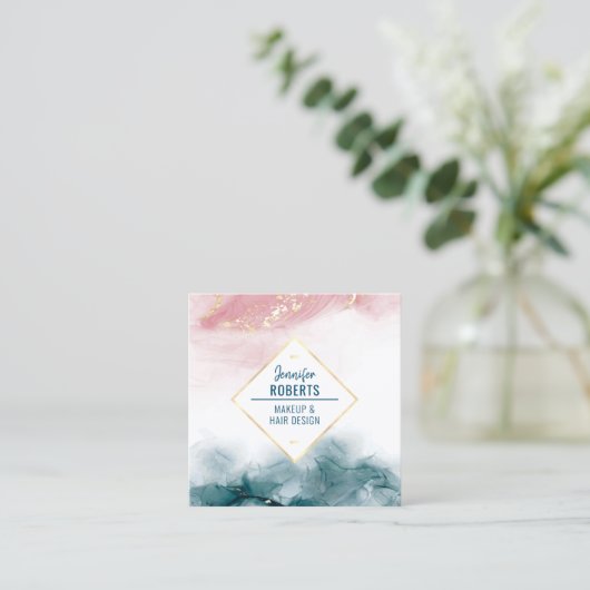 エレガント水彩ピンクブルー金ゴールドアルコールインク スクエア名刺 (スタンド正面)