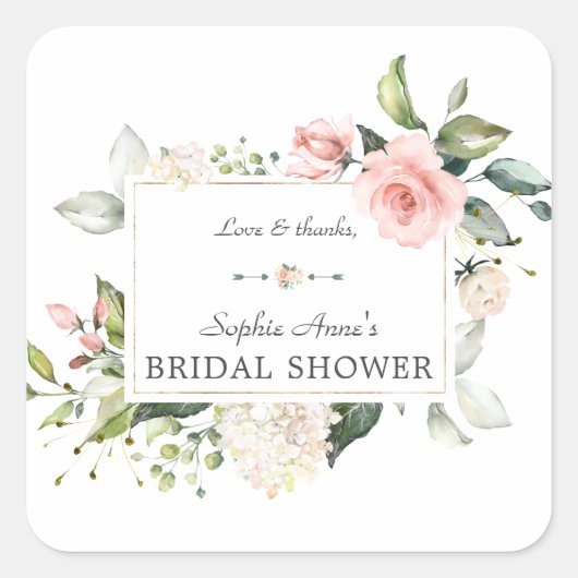 エレガント水彩ピンク赤面フローラブライダルシャワー スクエアシール (正面)