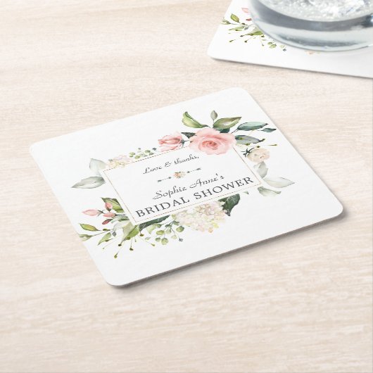 エレガント水彩ピンク赤面フローラブライダルシャワー スクエアペーパーコースター (アングル)