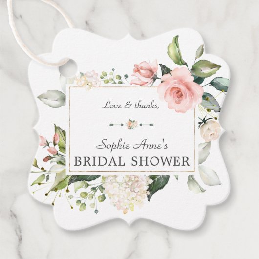 エレガント水彩ピンク赤面フローラブライダルシャワー フェイバータグ (正面)