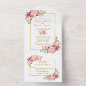 エレガント水彩ピンク赤面フローラ金ゴールド オールインワン招待状 (内側)