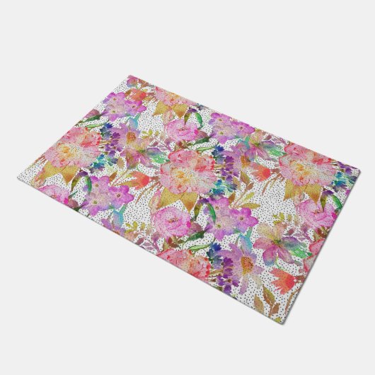 エレガント水彩フローラ及び点々のある筆画 ドアマット (アングル)