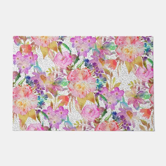 エレガント水彩フローラ及び点々のある筆画 ドアマット (正面)