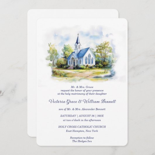 エレガント水彩教会結婚式招待状 招待状 (正面/裏面)
