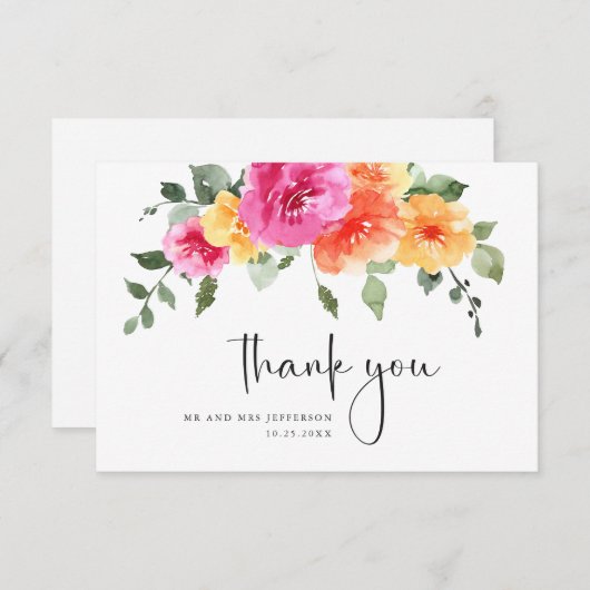 エレガント水彩明るい花のフローラ結婚ズ サンキューカード (正面/裏面)