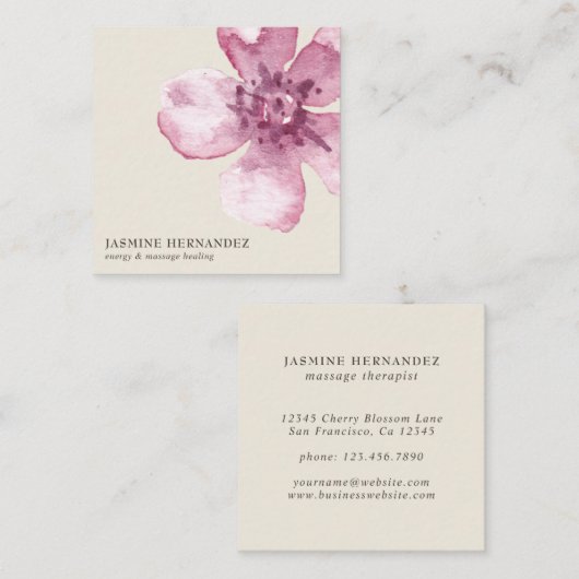 エレガント水彩桃色さくらんぼ花花 スクエア名刺 (正面/裏面)